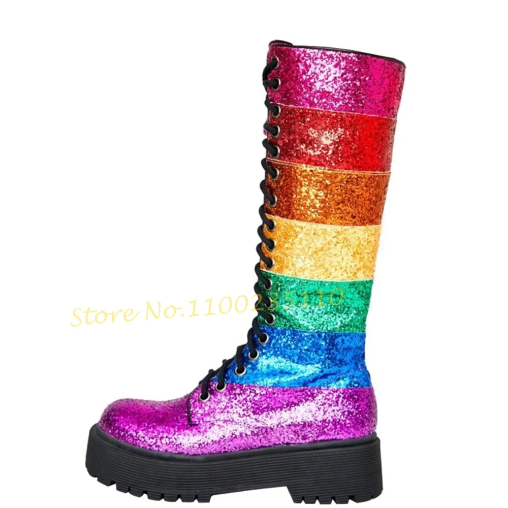 

Sequin Rainbow Cross-Tied Boots Women Patchwork Mixed-color High Boots Chic Gorgeous Bling Shoes Autumn Fashion Women High Boots