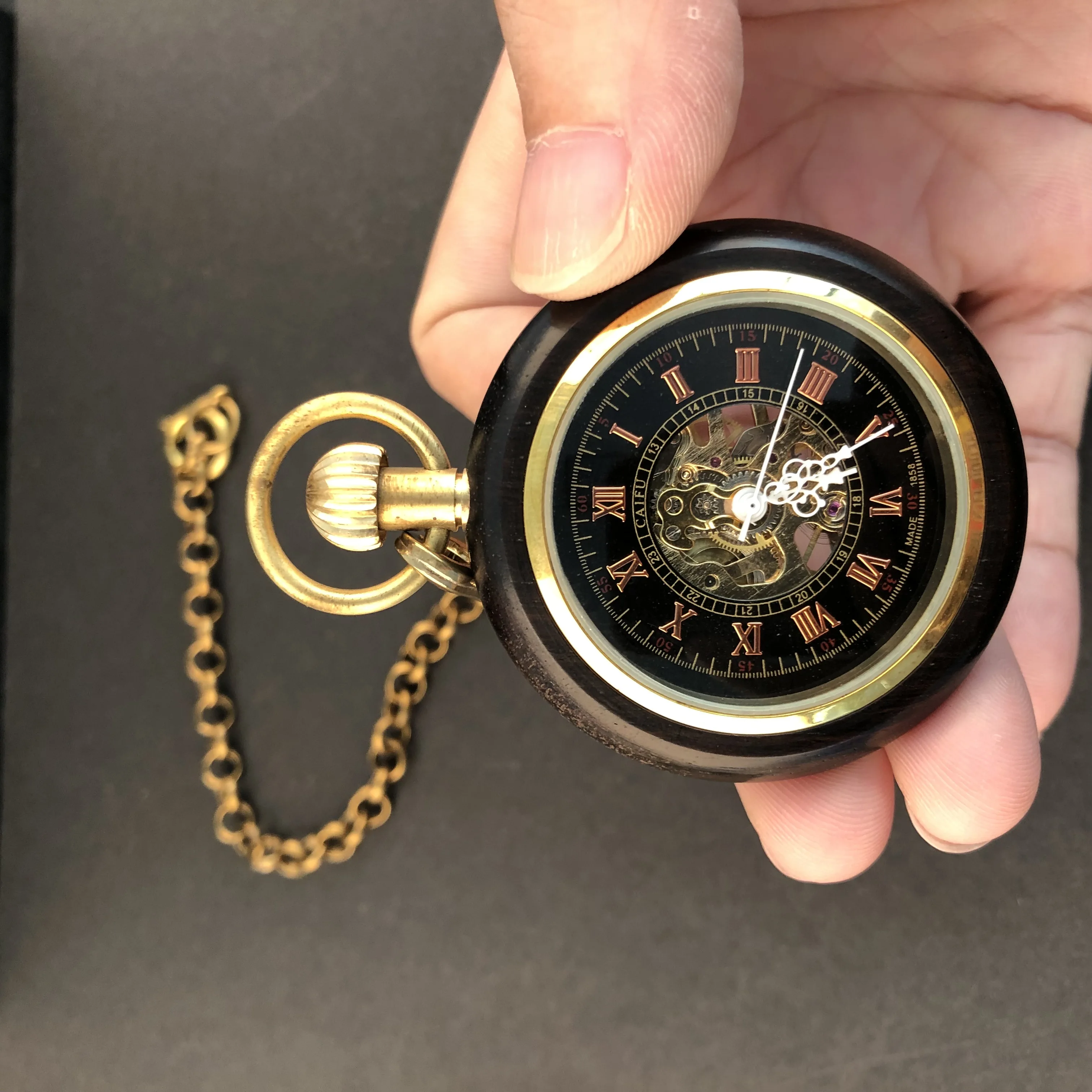 Mechanical Black Wooden Roman Numerals Vintage Pocket Watch Necklace Pendant Gifts For Women Or Man with Fob Chain