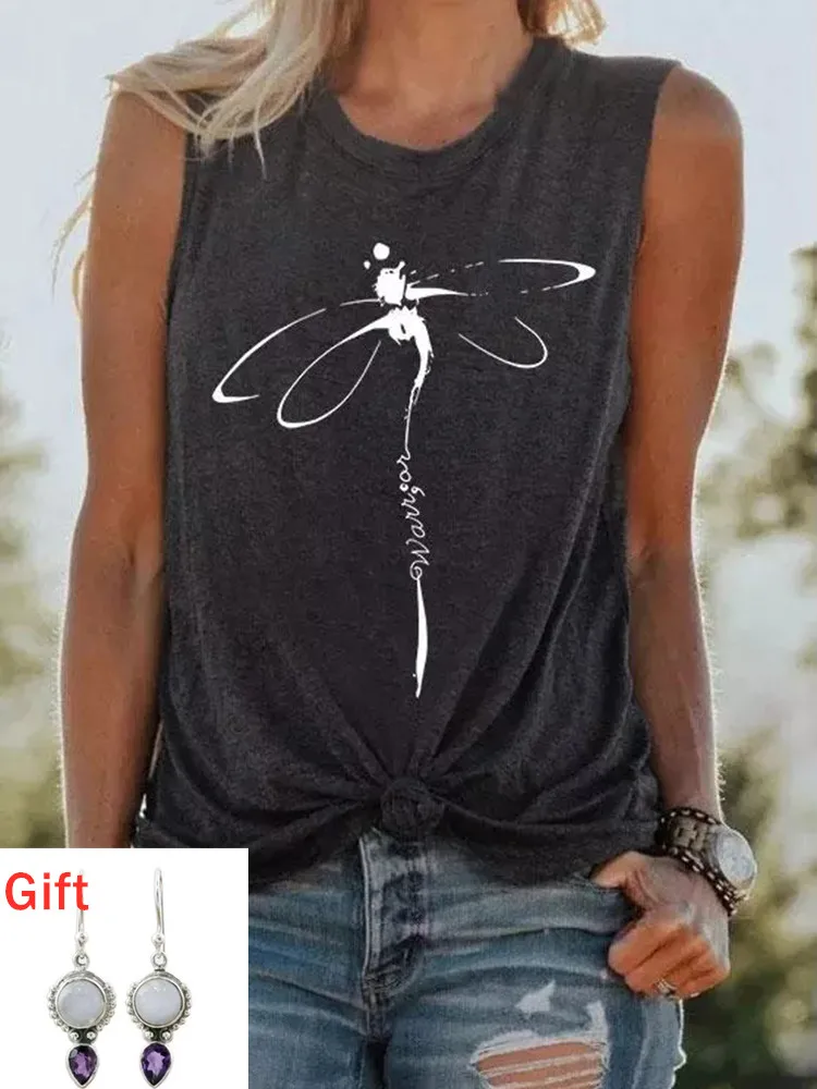 

Summer Tshirts Women Warrior Dragonfly O-Neck Tank Top Sleeveless Tees Streetwear Tanks Clothing Camisetas Gift Pair Of Earring