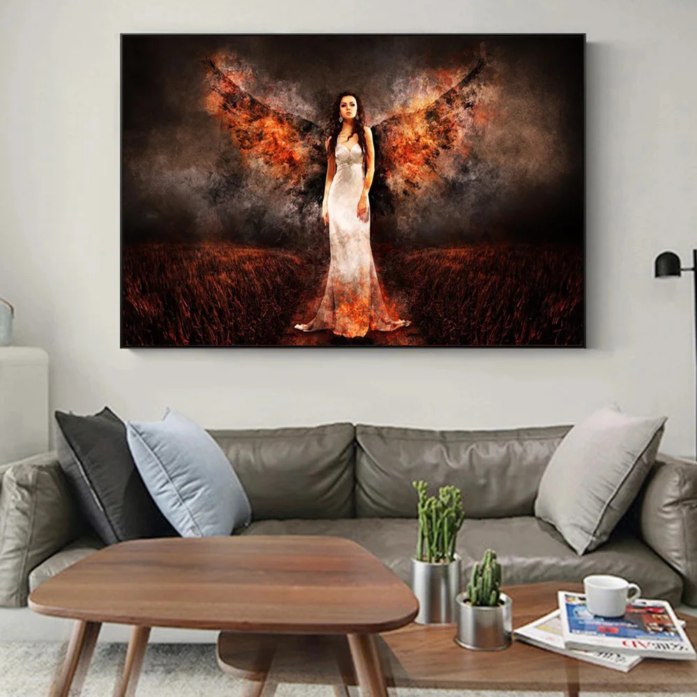 Абстрактная девушка пламя ангельские крылья холст картина дьявол постер с