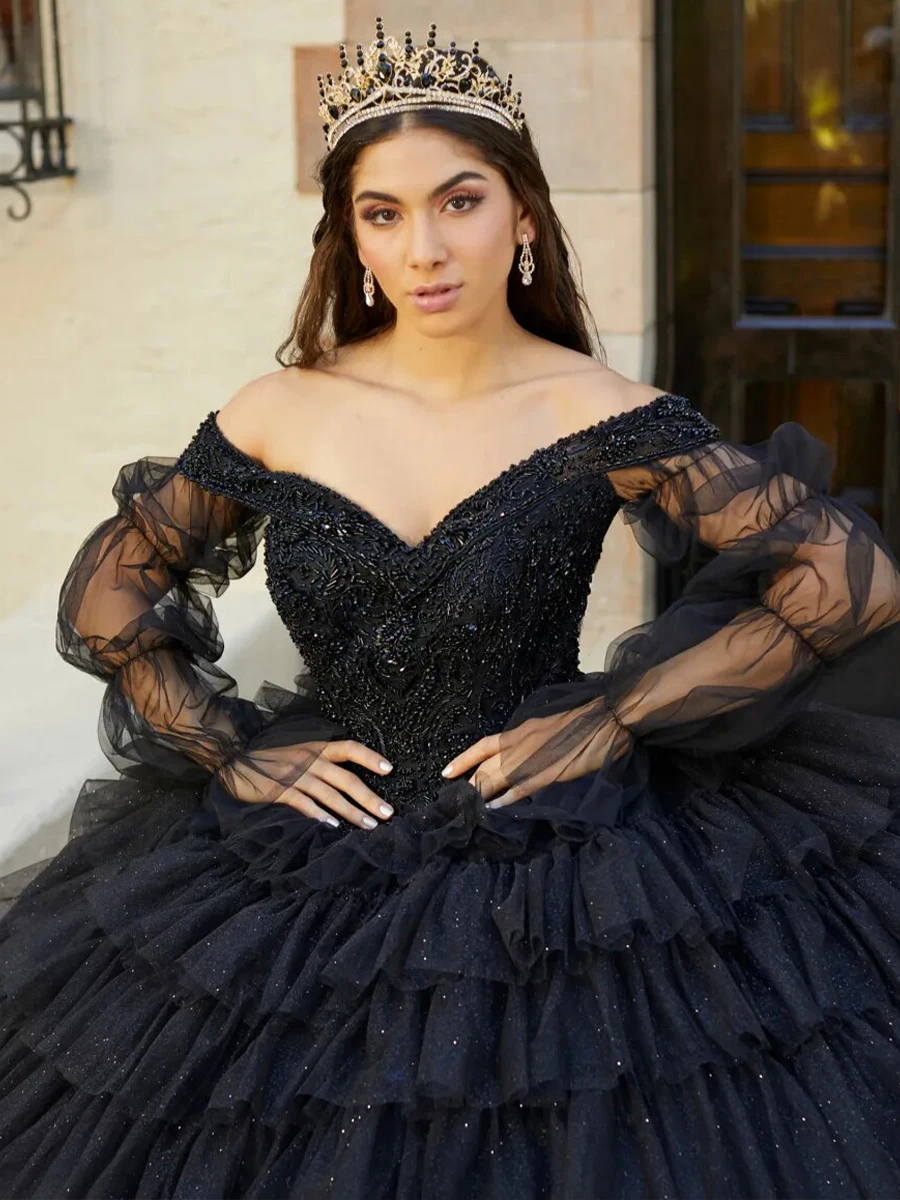 Luxury Beading Quinceanera Dress V-Neck Tulle Long SLeeves 15 16 Yearls Birthday Party Vestido Customized Train Princess