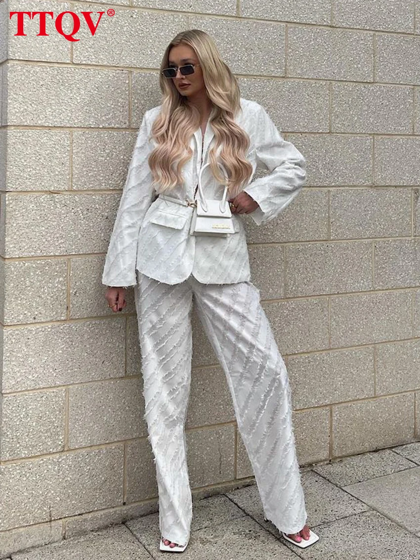 

TTQV Fashion White 2 Piece Sets Women Outfit Casual Solid Lapel Long Sleeve Pockets Shirts And High Waist Full Length Pants Sets