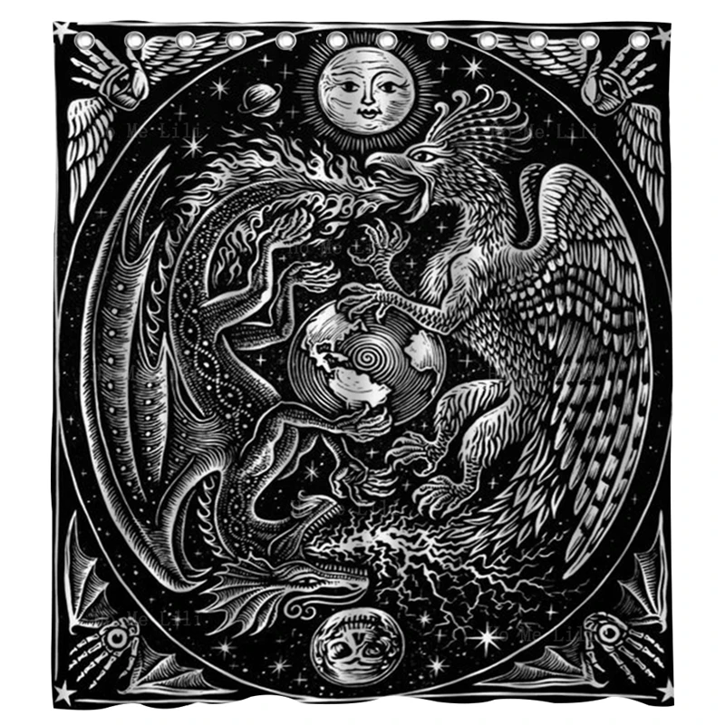 

Linocut Dragon Griffin Yin Yang Celestial Heart And Hands Tarot Black White Card Personality Style Shower Curtain By Ho Me Lili