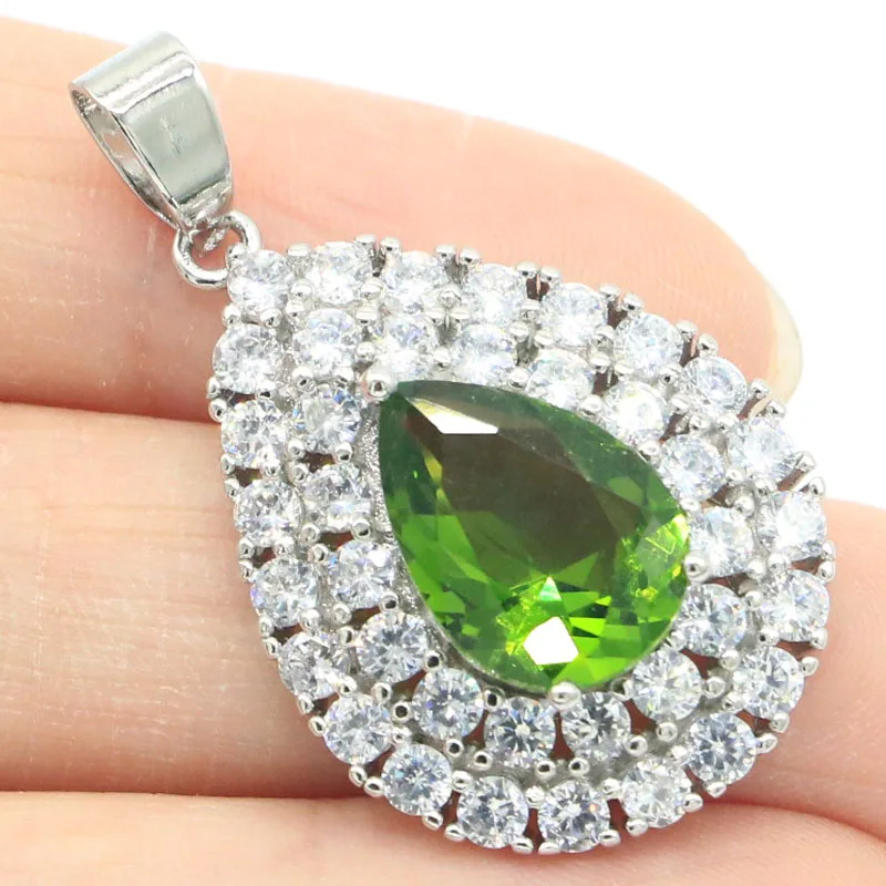 

37x22mm Classic Drop Shape Green Peridot White CZ Women Wedding Silver Pendant
