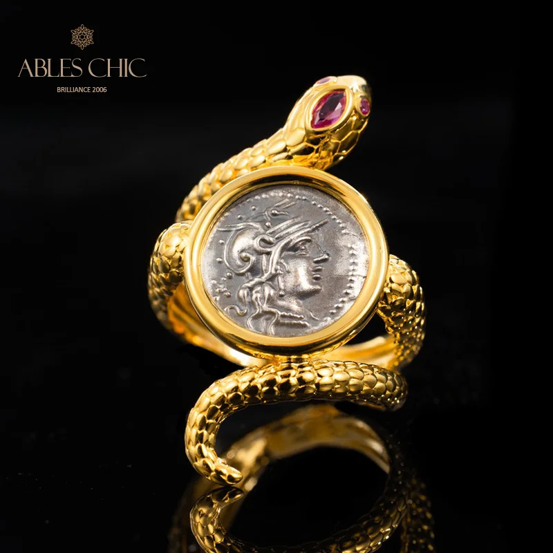 Solid 925 Silver Greek Coin Ring 18K Gold Tone Roman Antique Heracles Rings C11R1S26171