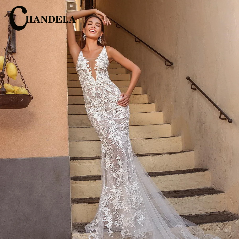 

CHANDELA Elegant Mermaid Shiny Wedding Dresses Backless Lace Appliques Scoop Bridal Gown Robe De Mariée For Women Custom Made