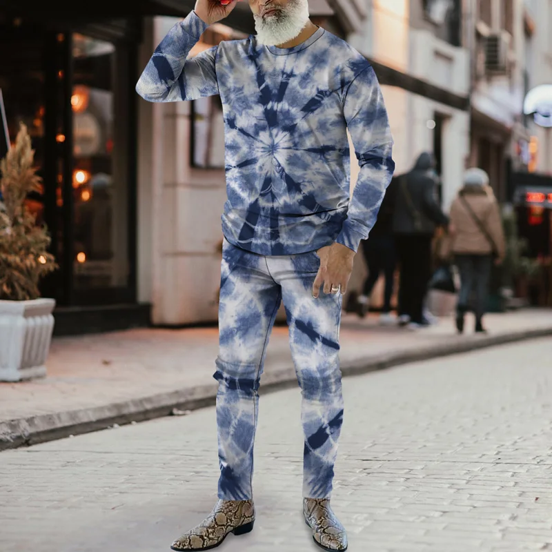 

Colorful Tie-dye Print Sports Two-piece Spring And Autumn Trend Plus Size Men's Fashion Casual Hip-hop Round Neck Pullover Sweat