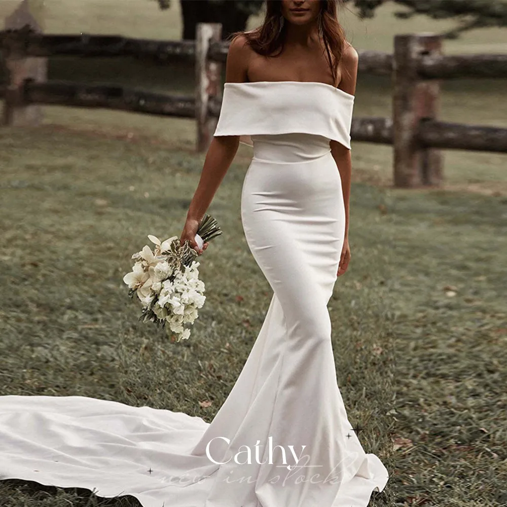 

Cathy Simple Off Shoulder Wedding Dresses Soft Satin Boat Neck Mermaid Backless Bridal Dresses Dress Robe Vestidos De Noiva