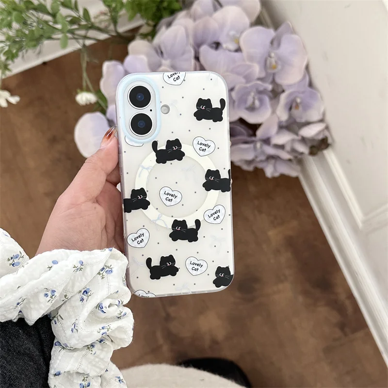 Korea cute black cat wallet Magsafe magnetic holder wireless charging case for iPhone 13 Pro 14 15 16 Max card cover