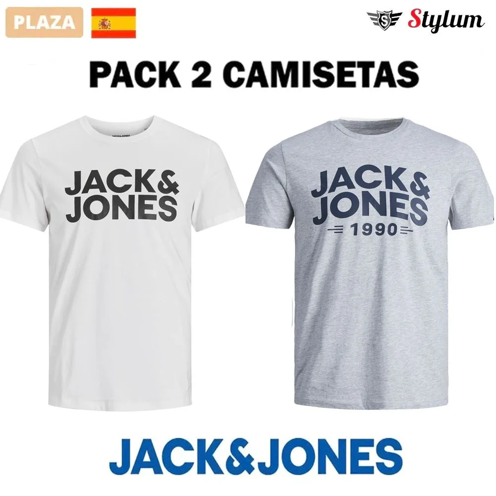 Jack & Jones mens Pack 2 T-shirts, 100% cotton thin ideal summer, Classic series Logo print fashion Casual FIT SLIM FIT-shipping from Spain