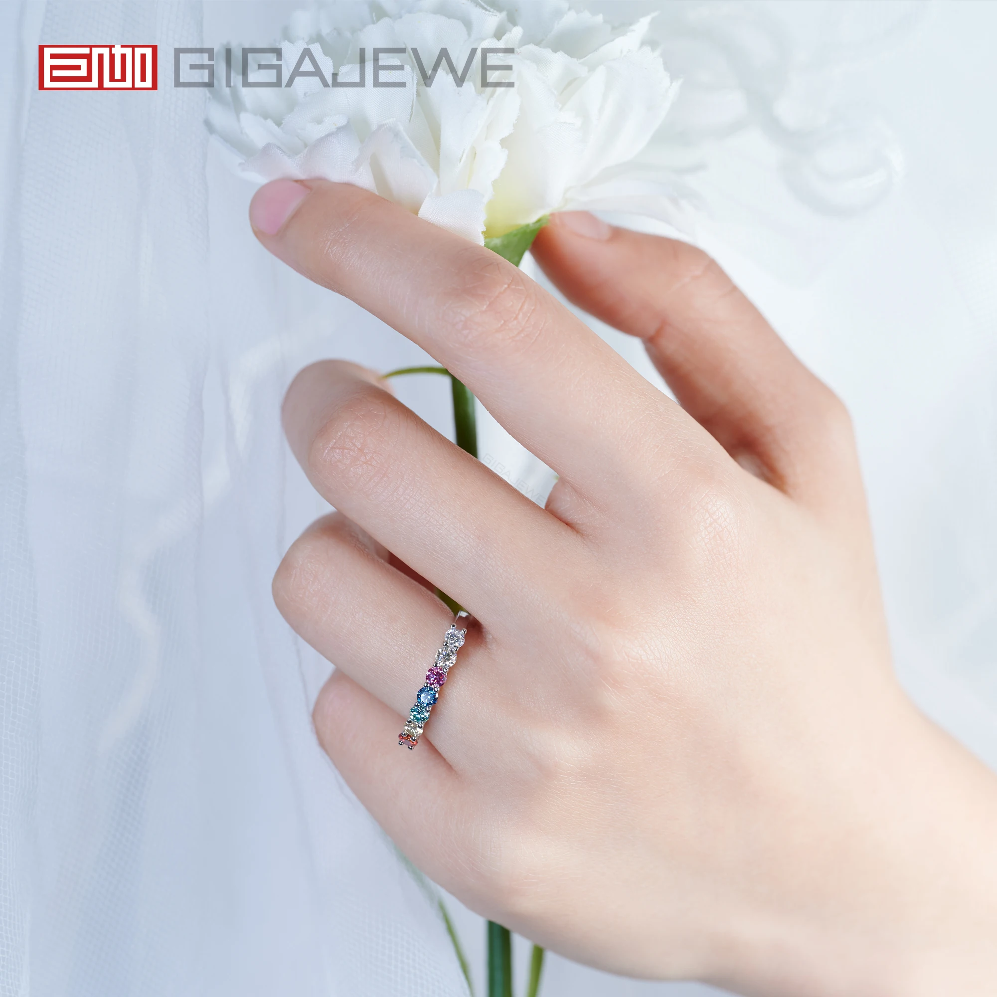 Фото GIGAJEWE Moissanite 0.7ct 3,0 мм Радуга VVS1 круглая огранка 925 серебро полукруг ряд кольцо алмаз тест прошел женщина девушка подарок №2