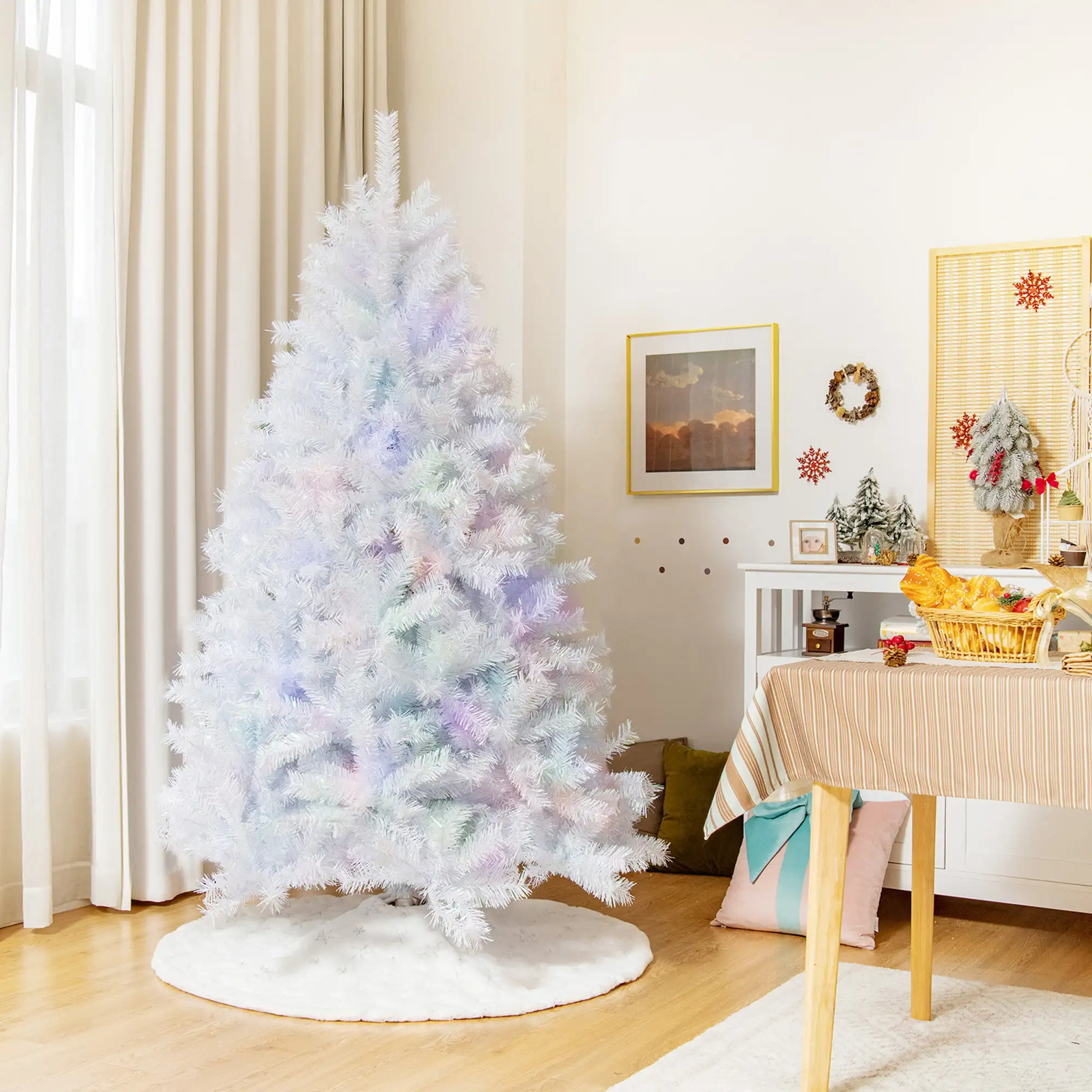 

6 FT White Artificial Christmas Tree Hinged Unlit Iridescent Xmas Tree