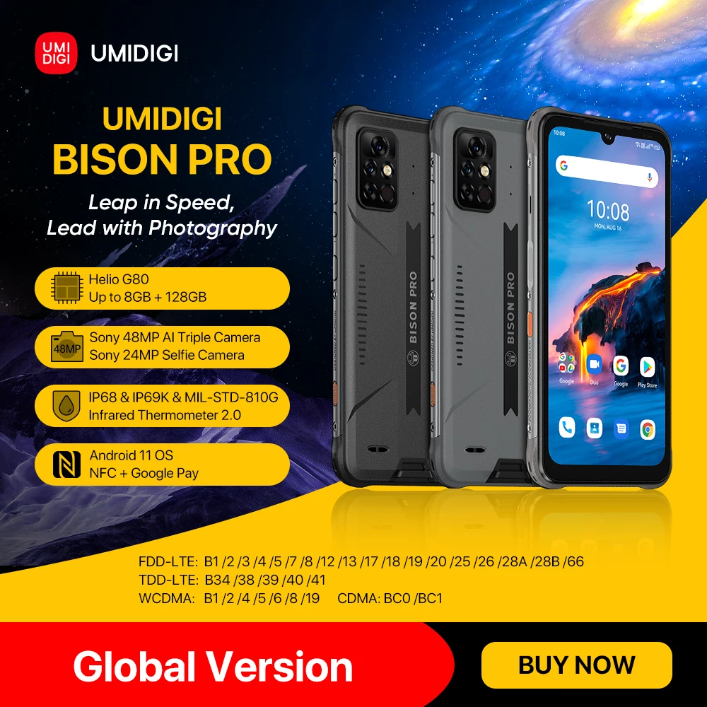 UMIDIGI BISON PRO Global Version Rugged Phone 128GB IP68 Helio G80 NFC 48MP Triple Camera 6.3FHD+ 5000mAh Battery Smartphone