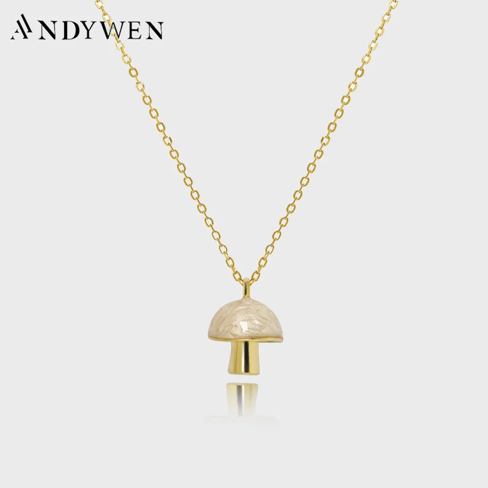 

ANDYWEN 100% 925 Sterling Silver Gold Mushroom Shell Green Women Special Pendant Long Chain Necklace 2022 Women Wedding Jewels