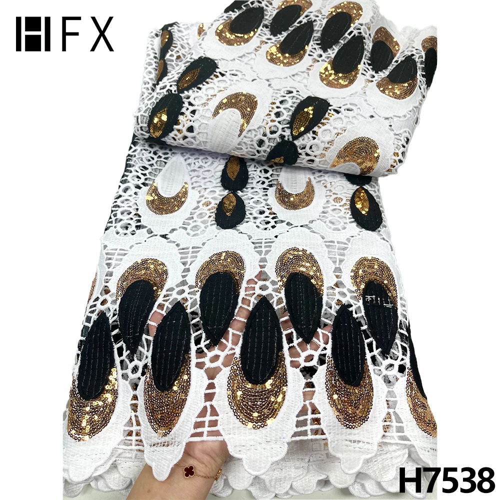 

HFX new design African sequins cord Lace Fabric High Quality Nigerian guipure Lace fabric Material for Wedding Party Dress H7538