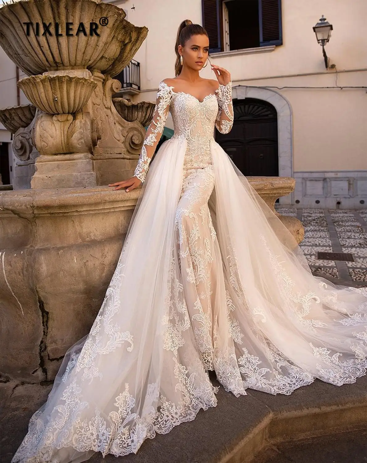 

TIXLEAR Charming Boho Sexy Mermaid Wedding Dress Detachable Train 2022 Newest Off Shoulder Lace Long Sleeve Button Back