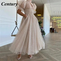 century elegant high neck evening dresses short sleeves keyhole buttoned top a line prom dresses pockets tea length party gowns