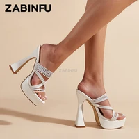 women platform heels 2022 fashion green square toe high heels designer narrow band thick heeled sandals gladiator white sandals