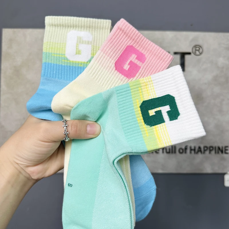 LISCN 2023 Harajuku Rainbow Color Women's Socks Middle Tube Gradient Cotton Stocking For Girls Soft Fashion Sports  Accessories