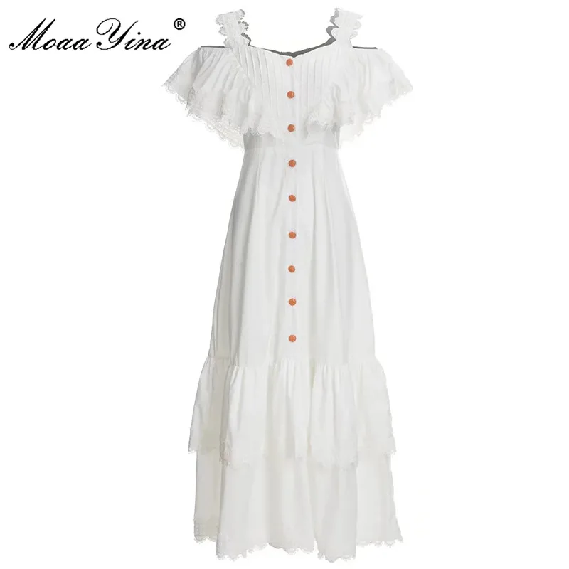 

MoaaYina Fashion Designer dress Summer Women Dress Spaghetti Strap Single-breasted Ruffles White Elegant Vacation Beach Dresses