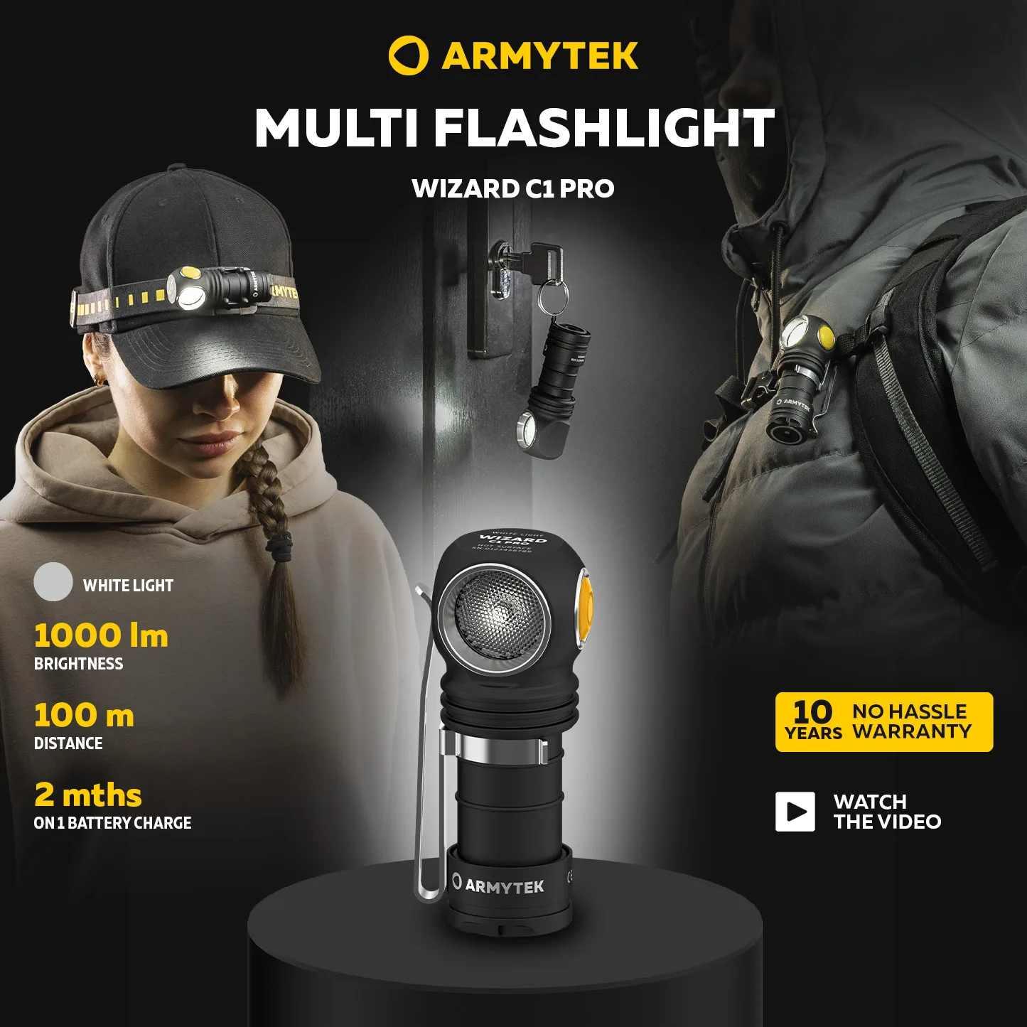 

Фонарь головного света, новый Armytek Wizard C1 Pro, USB Перезаряжаемый многофункциональный фонарик 4 в 1 (F09001C/F09001W)