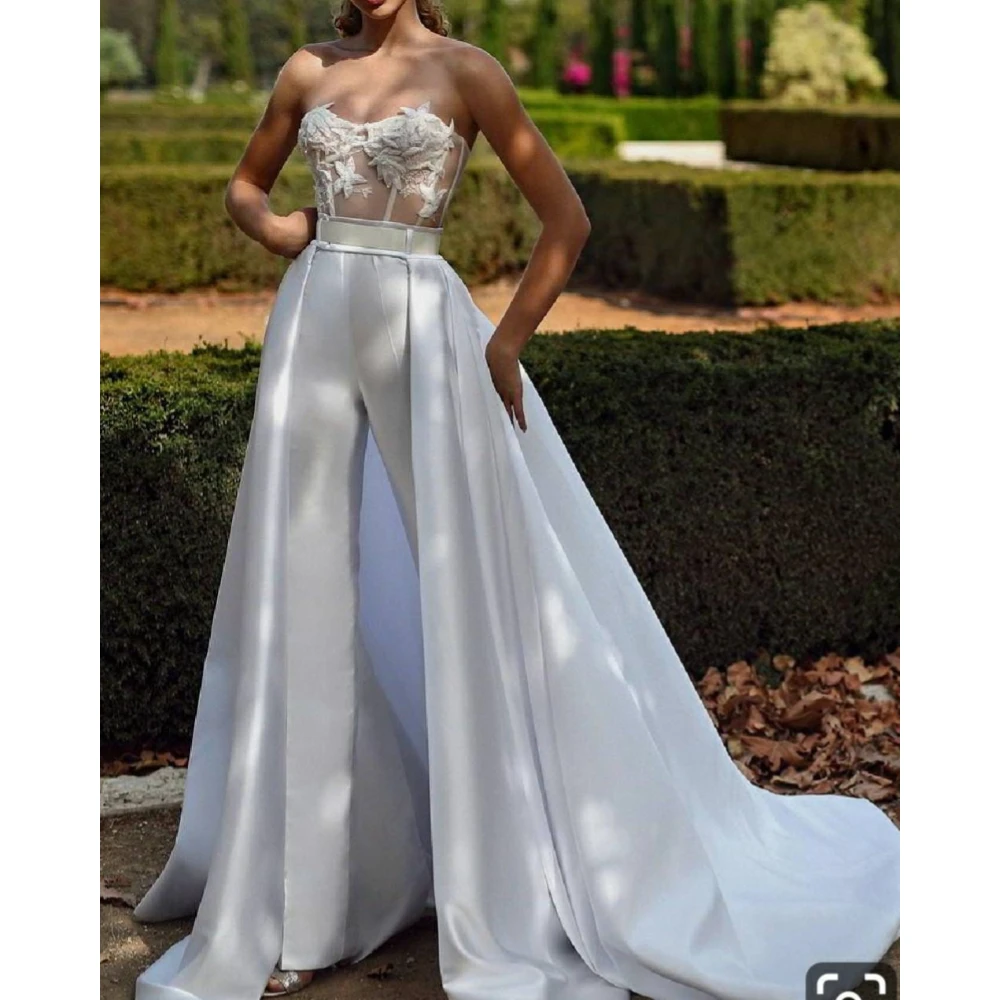 

Elegant White Wedding Jumpsuit Appliques Sweetheart Sleeveless Bridal Gowns with Long Train Sexy Party Prom vestido de novia