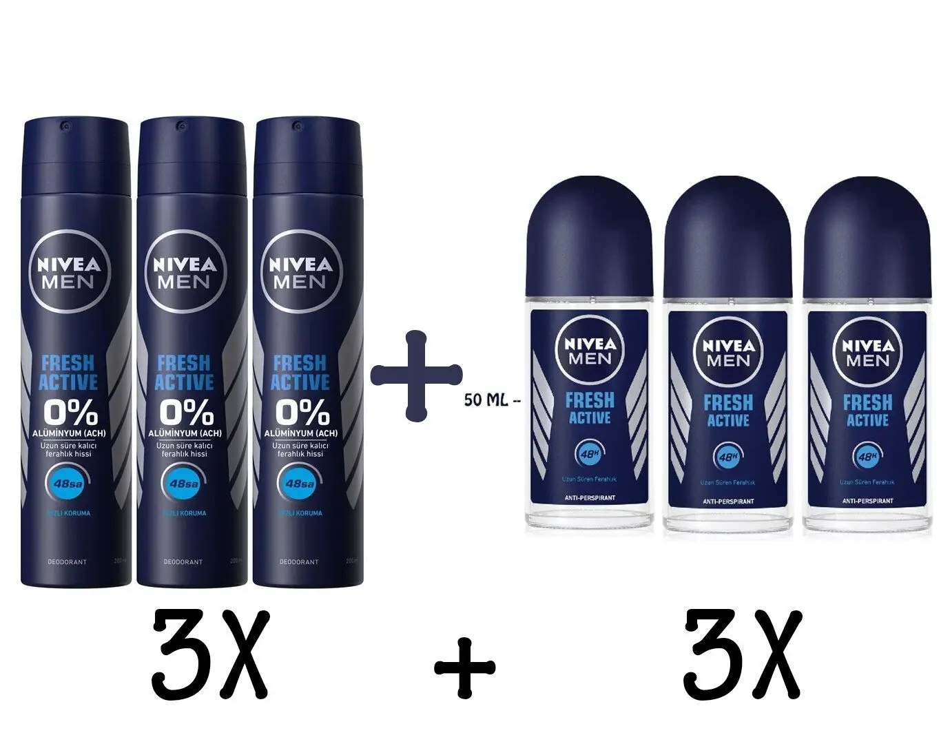 100 Original Nivea Men Fresh Active Men 'S Deodorant 3x(150ml) + 3x(50) ml Roll-on, 48 Hours Sweat Anti-