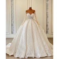 gorgerous white ball gown wedding dresses appliques beads sheer neck bridal gowns charming long sleeves vestido de novia