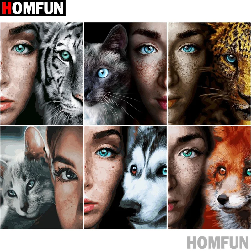 

Алмазная 5d картина HOMFUN, полноразмерная/круглая «женщина тигр», картина стразы, украшение для дома «сделай сам»