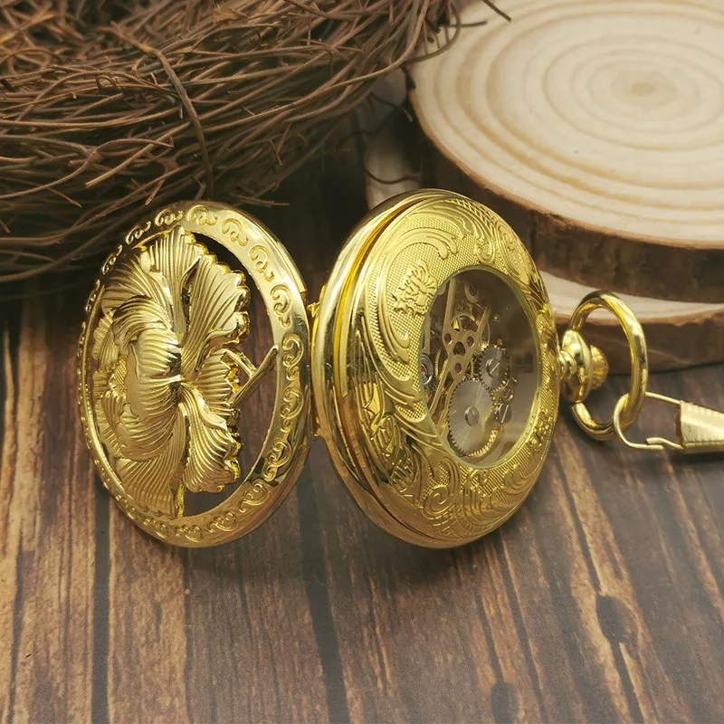 Hand Wind Fob Watch Casual Fashion Luxury Gold Hollow Skeleton Pocket Watches Lotus Roman Numerals Vintage Mechanical Chain Gift