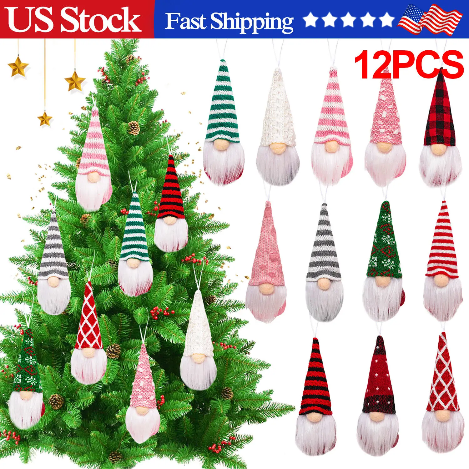 

12PCS Christmas Hanging Gnomes Handmade Plush Faceless Doll for Xmas Tree Decor US