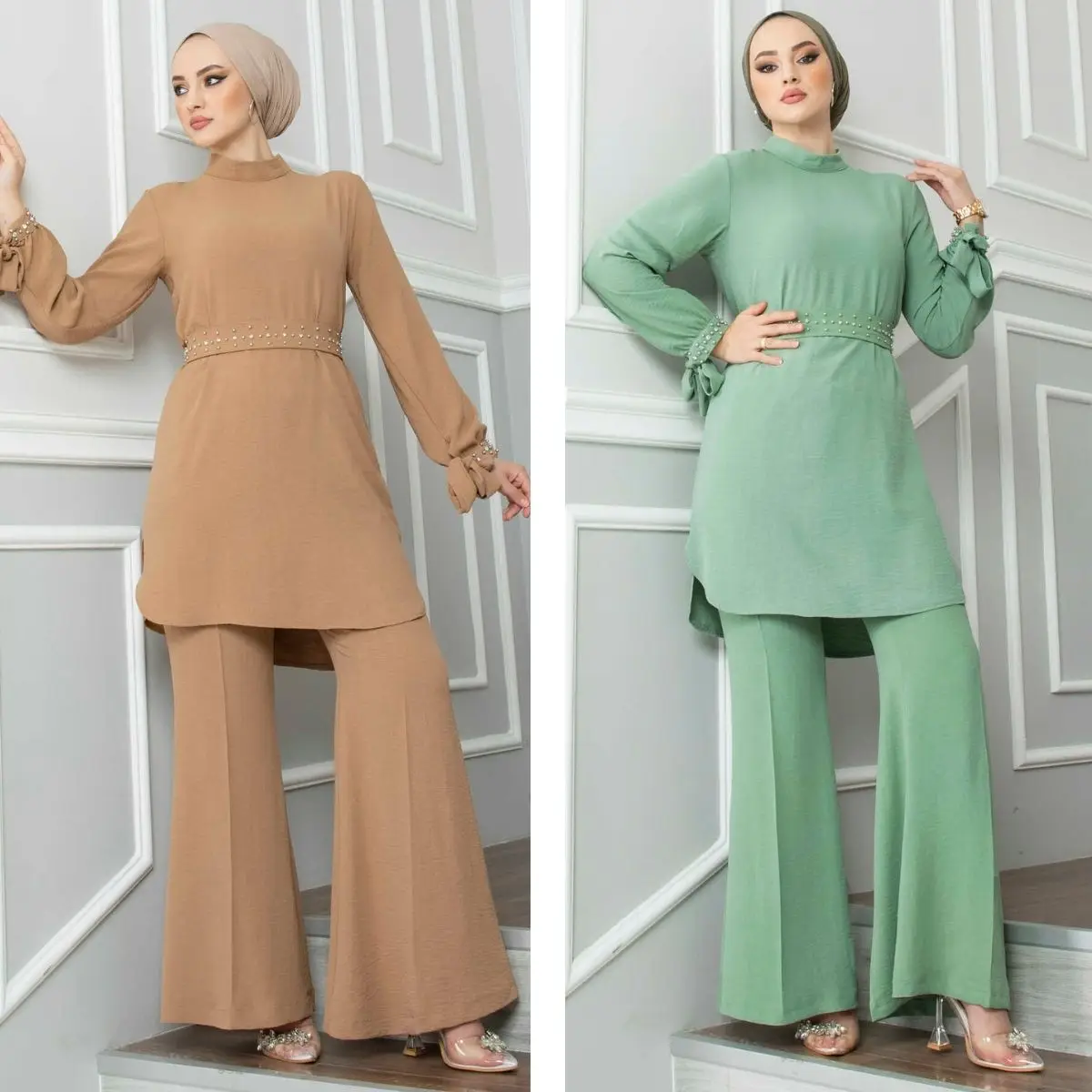 

Stone Detailed Hijab Suit Long Sleeve Crew Neck Wide Leg Elastic Waist Trousers Women's Clothing Muslim Fashion Islamic Dress