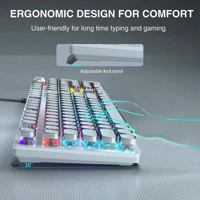 Retro Typewriter Keyboard Mechanical Gaming Blue Switch Media Control Knob Rainbow Backlit Punk Round Keycaps USB Wired Computer 3
