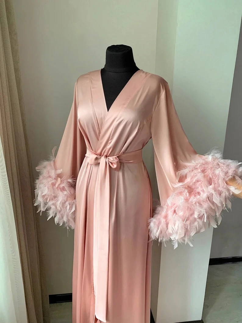 Bride Robe with Feather White Boudoir Dress Long Silk Bridal Lace Dressing Gown Bridesmaid Gifts Satin Feather Trim Bride Kimono