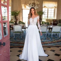 a line chiffon v neck hy337 floor length wedding dress for women long sleeves lace simple elegant bridal gowns vestidos de novia