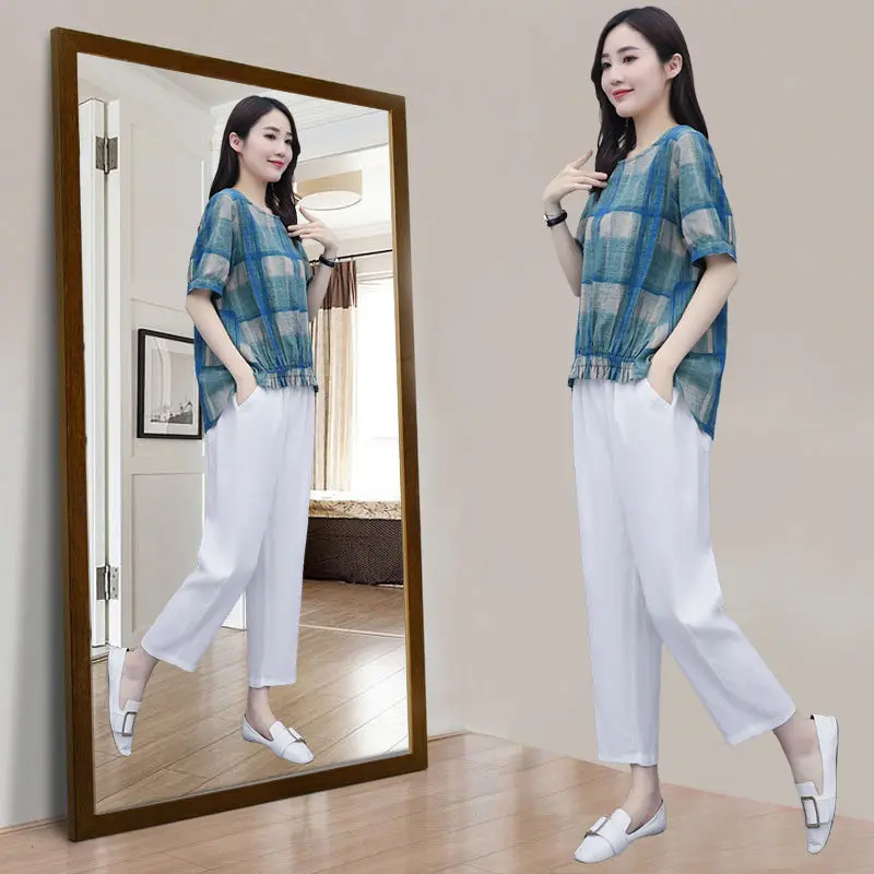 

2022 Summer Women's 2Pcs Plaid O-neck Blouse+Pants Office Lady Two Pieces Set Casual Fashion Tops And Ankle-length Trousers Sets