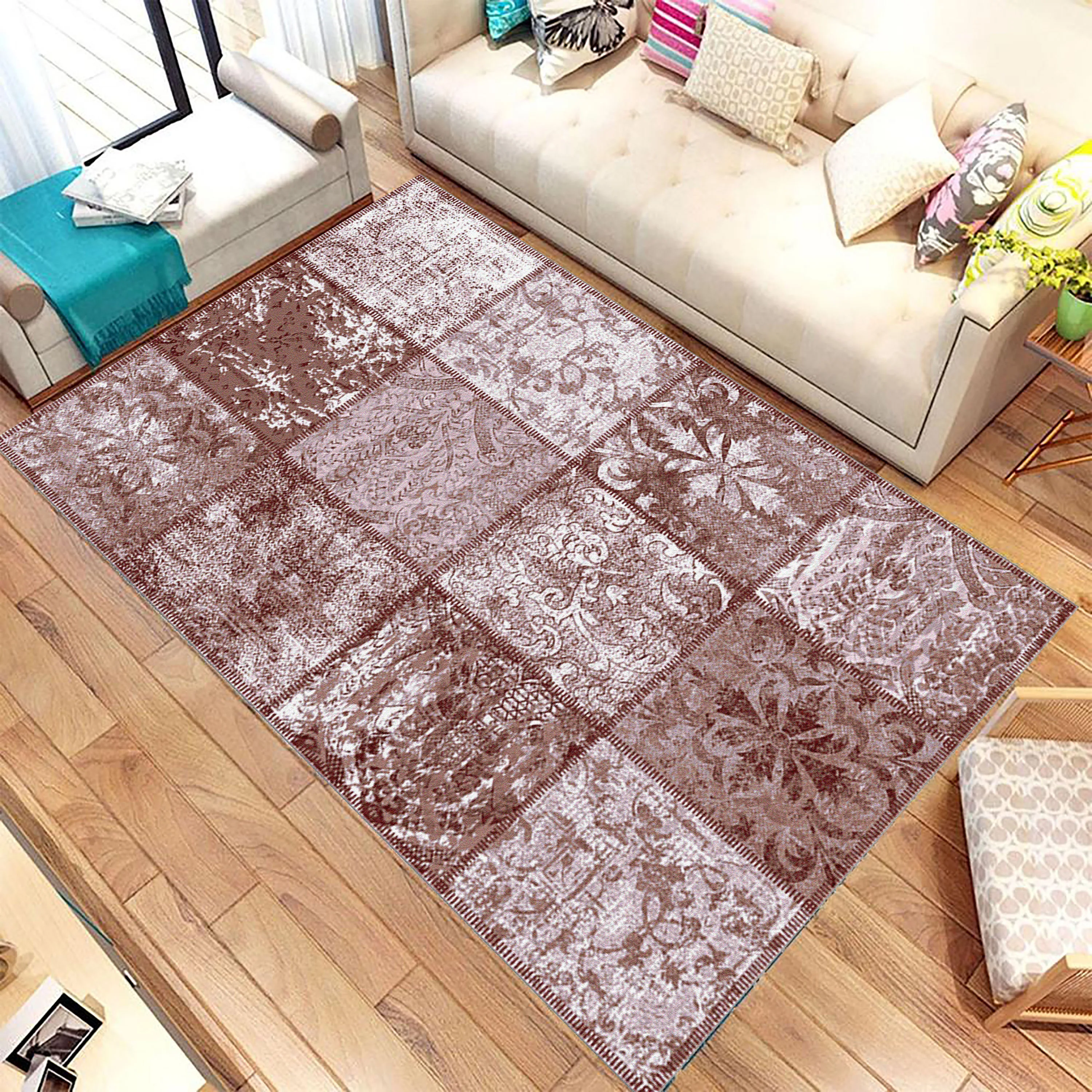 

Luxury Brown Turkish Area Rug For Living Room, Woven Runner Large Carpet For Bedroom, Home Decoration Door Mat Retro Floor
