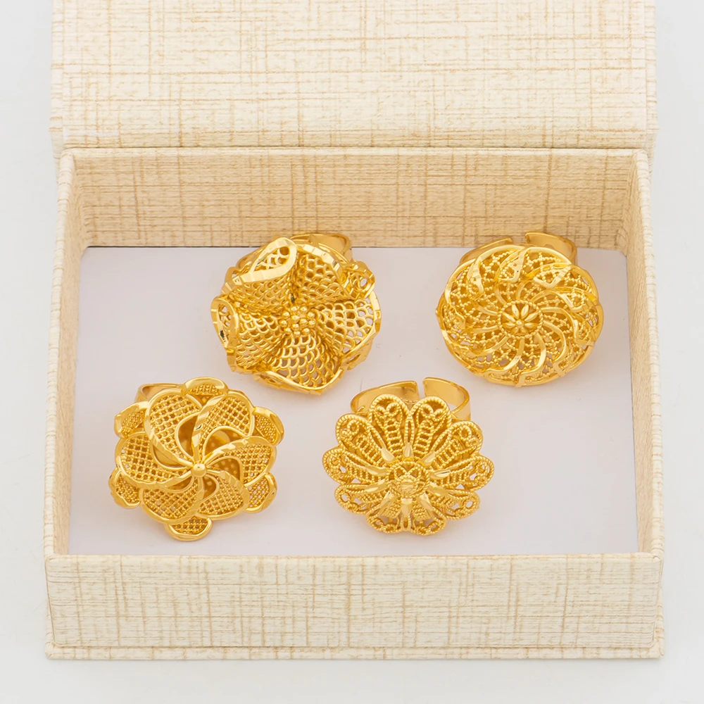 Italian Gold Color Rings Jewelry Set Hollow Out Design Finger Ring Dubai African Adjustable Flower Ring with Gift Box for Bride