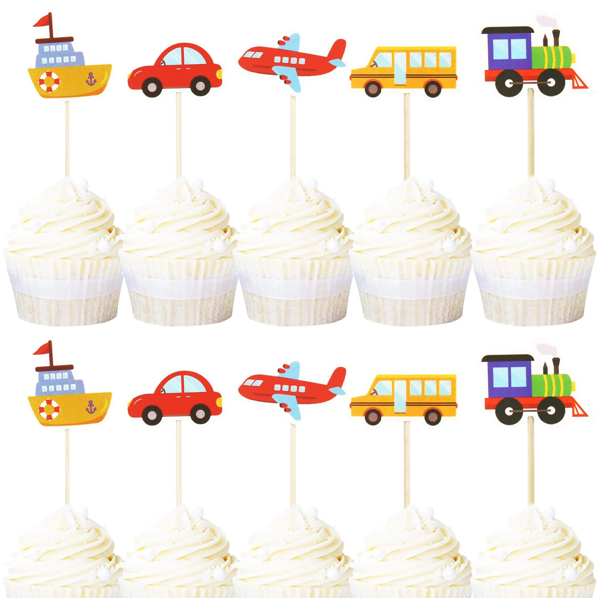 

30pcs/set Traffic Theme Birthday Deocrations Transportation Cupcake Toppers Bus Car Ship Train Airplane Cake Decoration