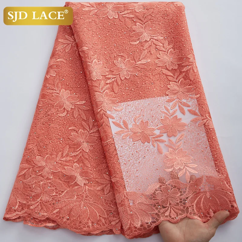 

SJD LACE African Tulle Lace Fabric Coral Colour 2022 Latest Nigerian French Mesh Lace Fabric with Stones for Wedding Party A2967