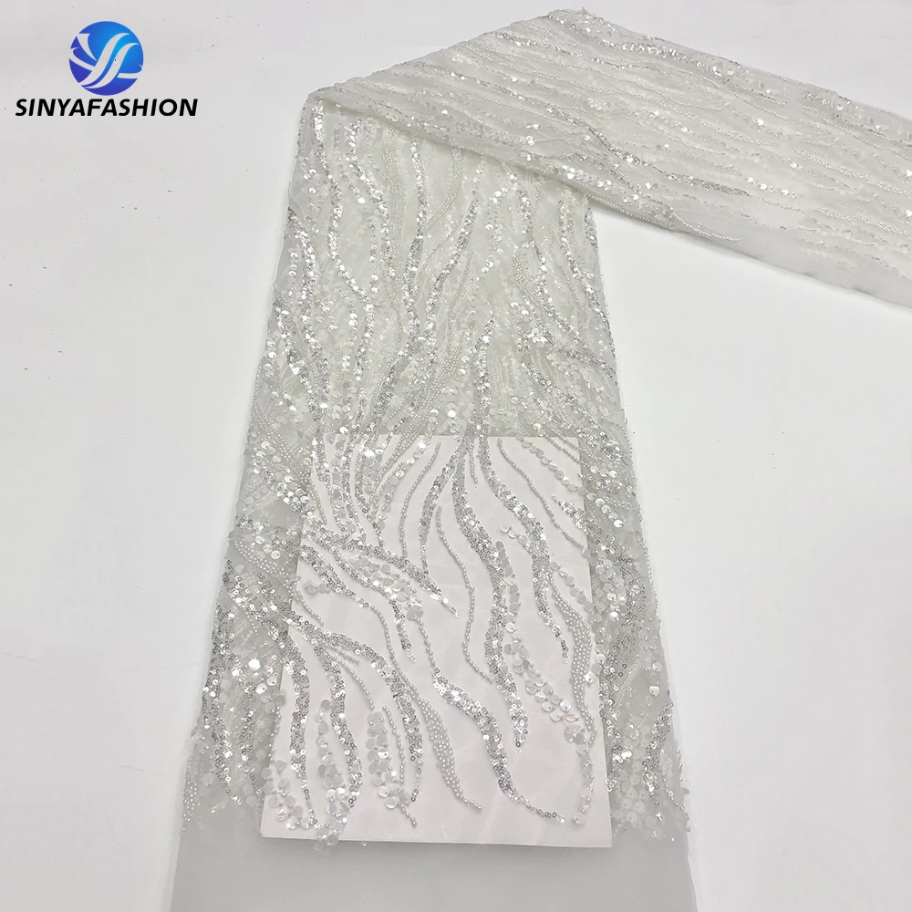 

High Quality 2023 Luxury Bridal White Sequence Hand Beaded Lace Fabric Embroidery French Net Sequins Dress Sewing Materials