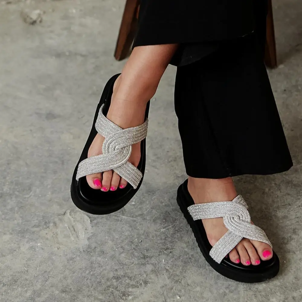 Rilla Interior Quality Artificial Leather Exterior Stony Material Thick Flat Sole Slippers Black Green White Stylish Summer Indo