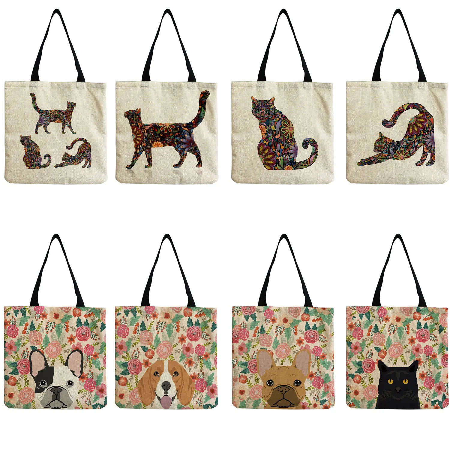 

Custom Cute Floral Pet Dog Cat Printed Women Tote Handbag Casual School Traveling Reusable Shoulder Shopping Bag for Supermarket
