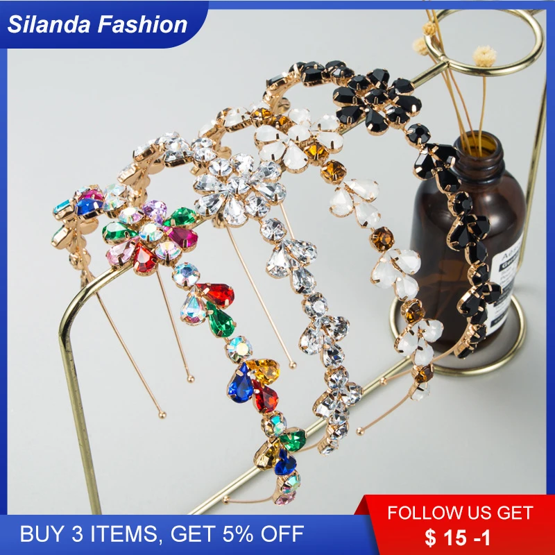 

Silanda Fashion Ins Hairband Women's Trendy Shining Glass Drill Inlaid Floral Alloy Metallic Headband Girl's Hair Accessories