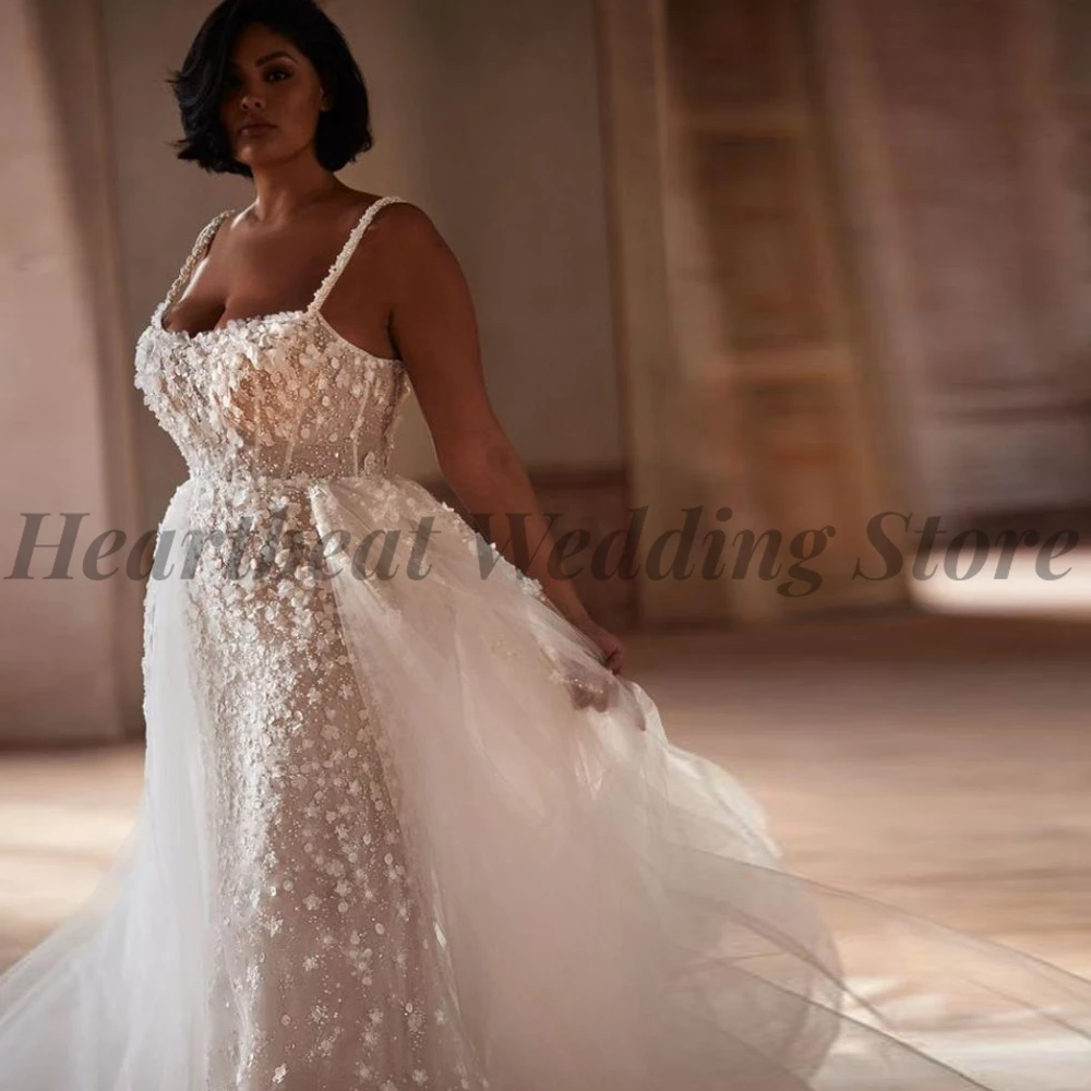

Mermaid Plus Size Wedding Dress Ladies with Detachable Train Spaghetti Straps Backless Square Collar Applique Sequins Beads 2023
