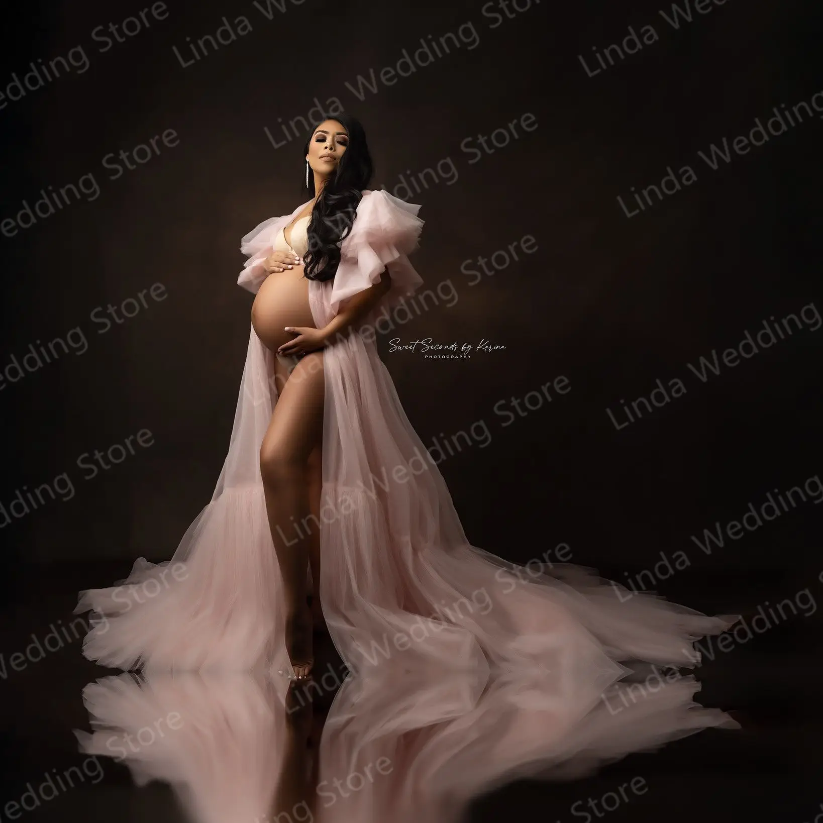

Tulle Robe Pink Maternity Dress for Photo Shoot Ruffles Sleeve Plus Size Evening Dresses Babyshower Pregnant Woman Gowns
