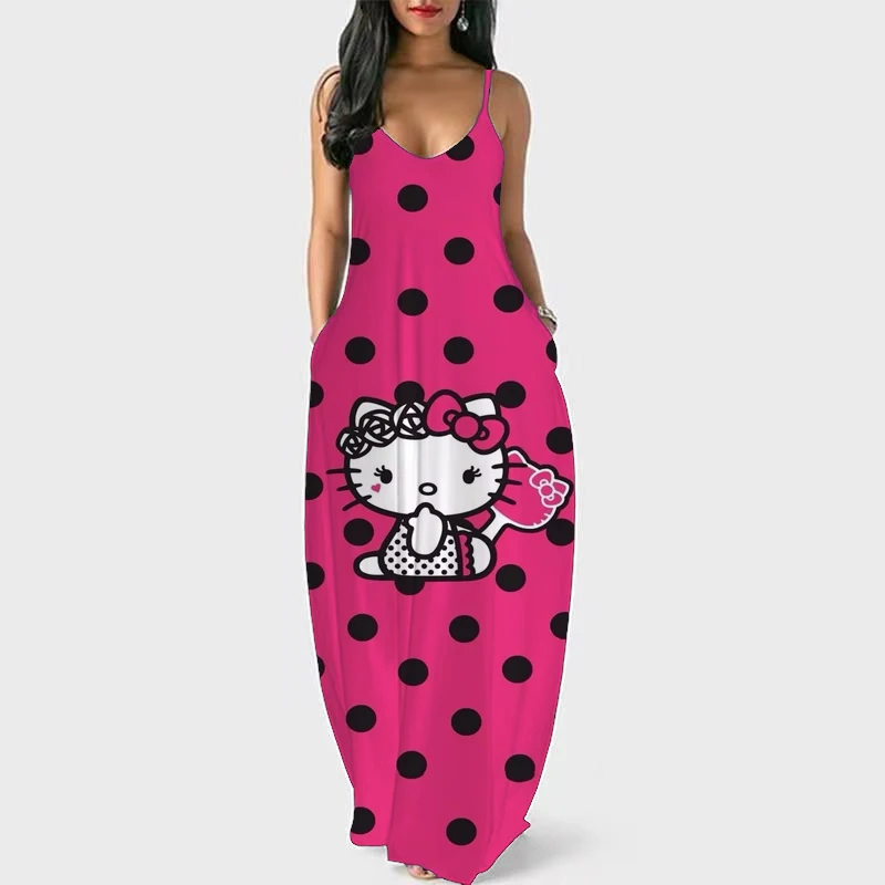 

Женское винтажное платье Hello Kitty, привлекательное летнее платье с высокой талией, на бретелях-спагетти, Клубное модное пляжное платье