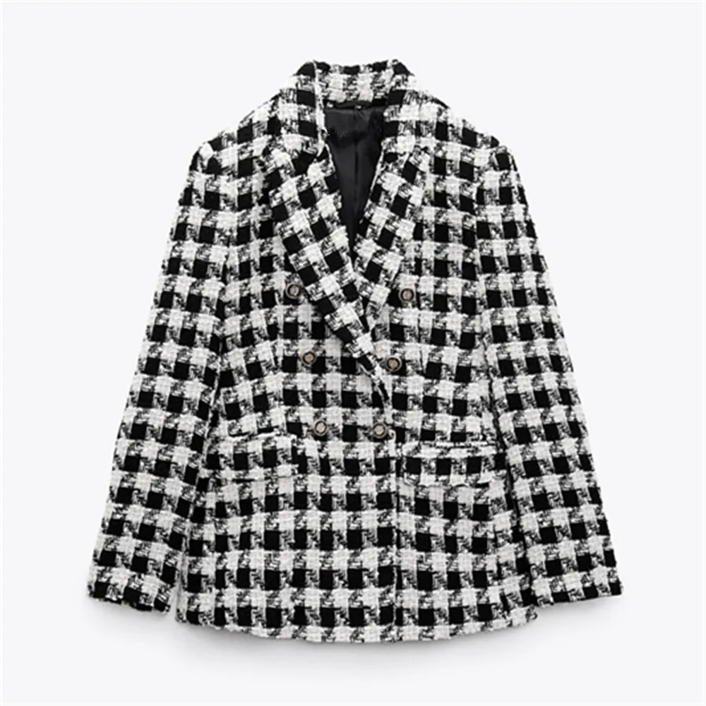 

PB&ZA autumn and winter new women's retro temperament long-sleeved houndstooth plaid texture texture slim suit jacket 3046/251
