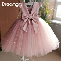puffy satin bow flower girl dresses tulle pearls baby first communion birthday party dress v backless o neck princess dresses