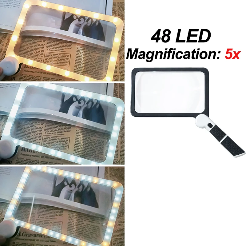 

48 LED Magnifying Glass Light 2 Modes Dimmable Foldable Reading Magnifier 5x Magnification Hand Magnifier Seniors Children Books